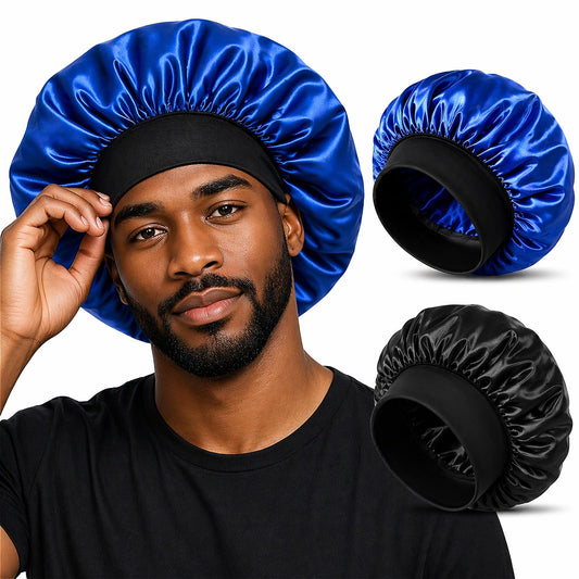 ZHENSILK front view of black and silver bonnets showing clean masculine look and protection