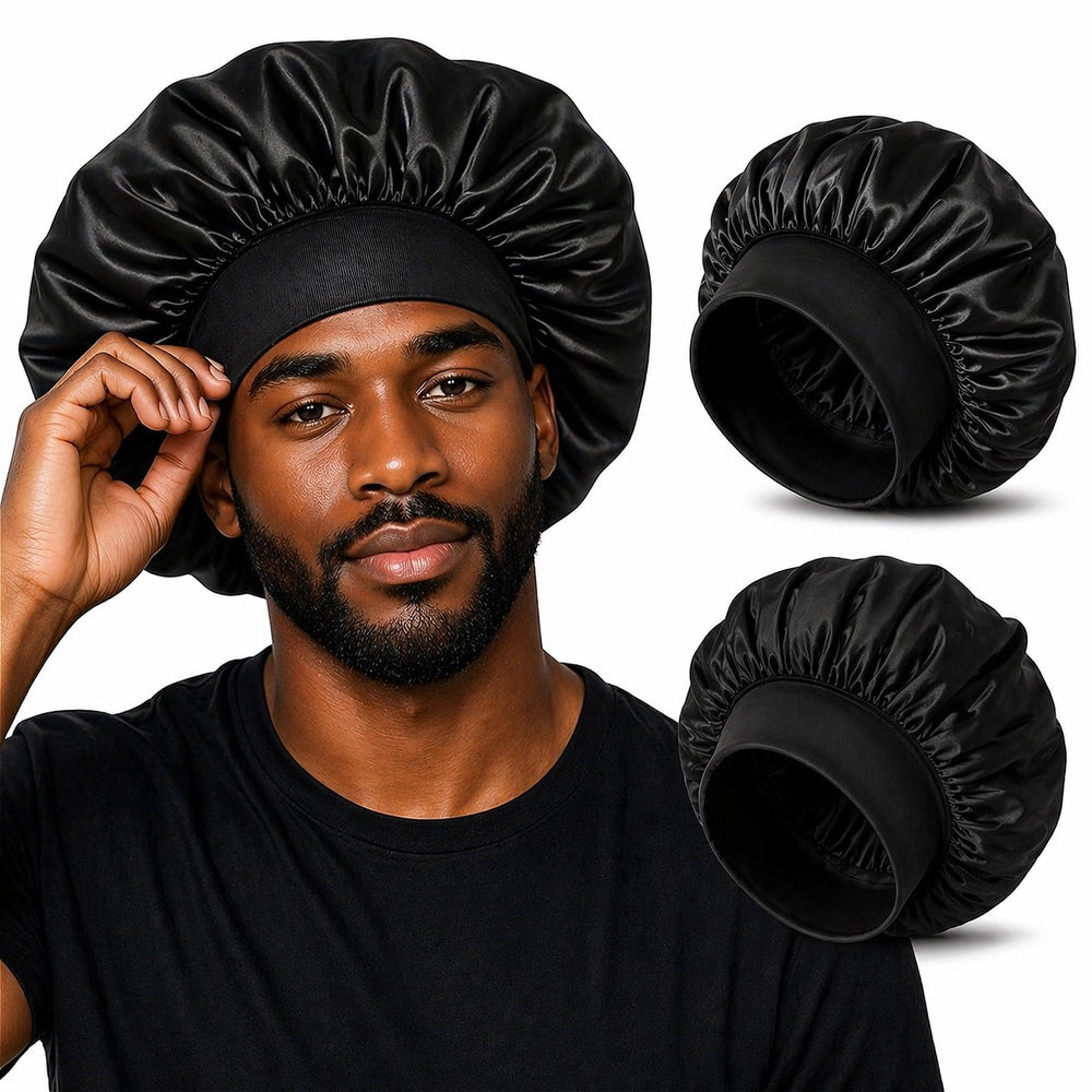 ZHENSILK front view black bonnet showing sleek fit and hair protection