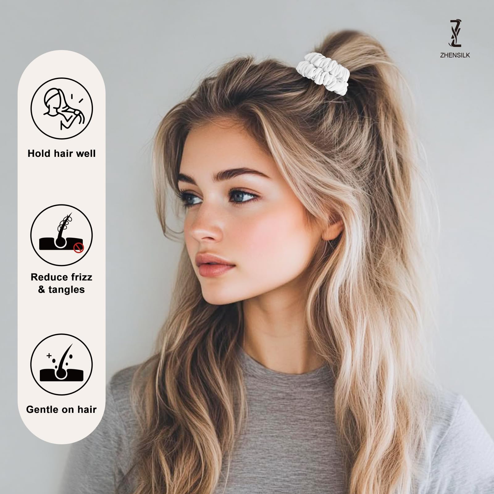 ZHENSILK scrunchies laid flat in four colors showing variety and daily styling options