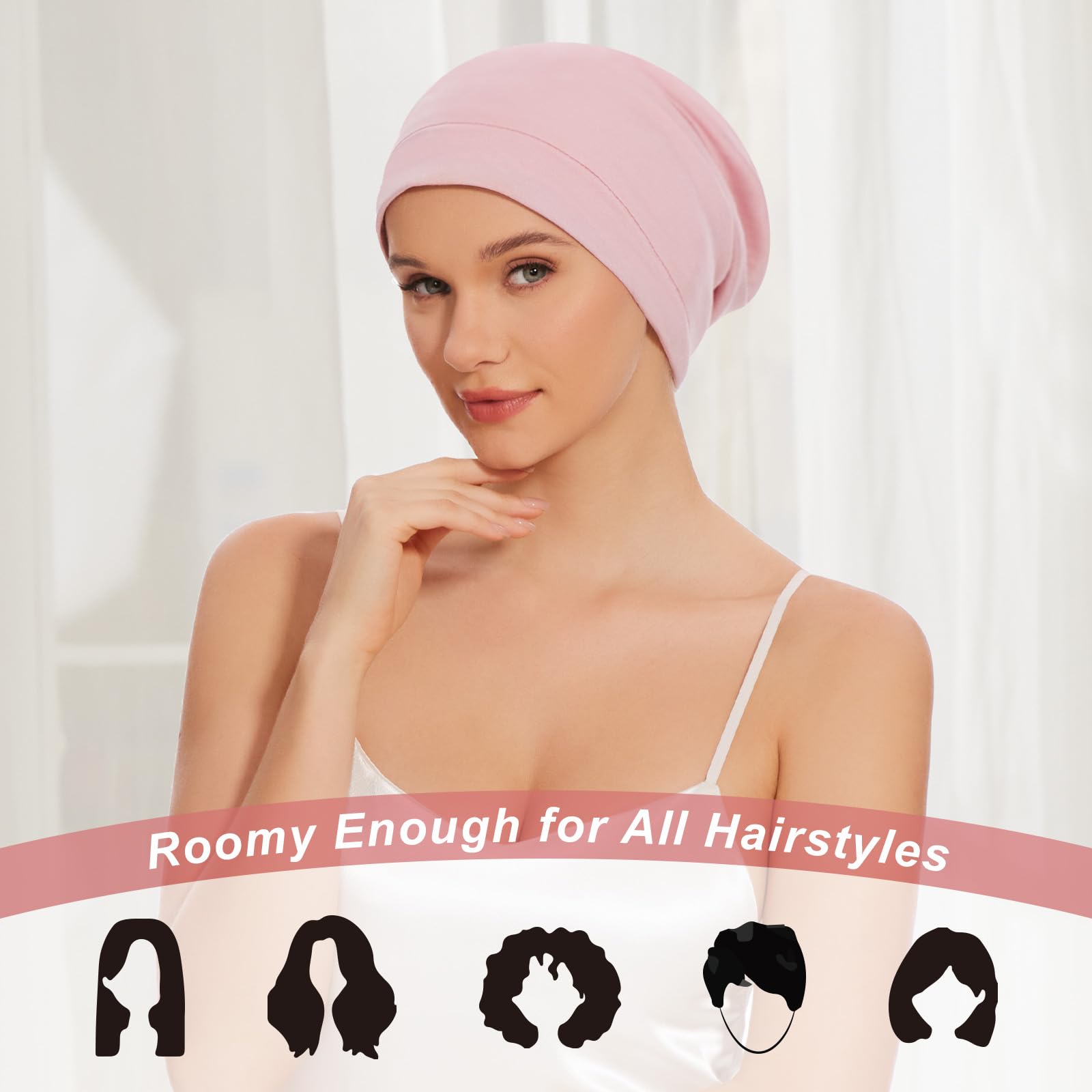 ZHENSILK size comparison with hand illustrates roomy fit for all hair