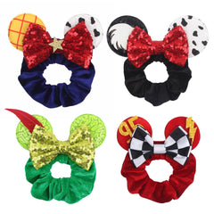 zhezesmila front packaging showing four velvet sequin mouse ear scrunchies neatly arranged and gift-ready