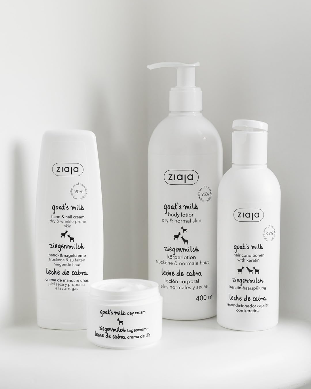 Ziaja goat's milk cream on bathroom counter lifestyle shot suggesting daily routine and soothing benefit