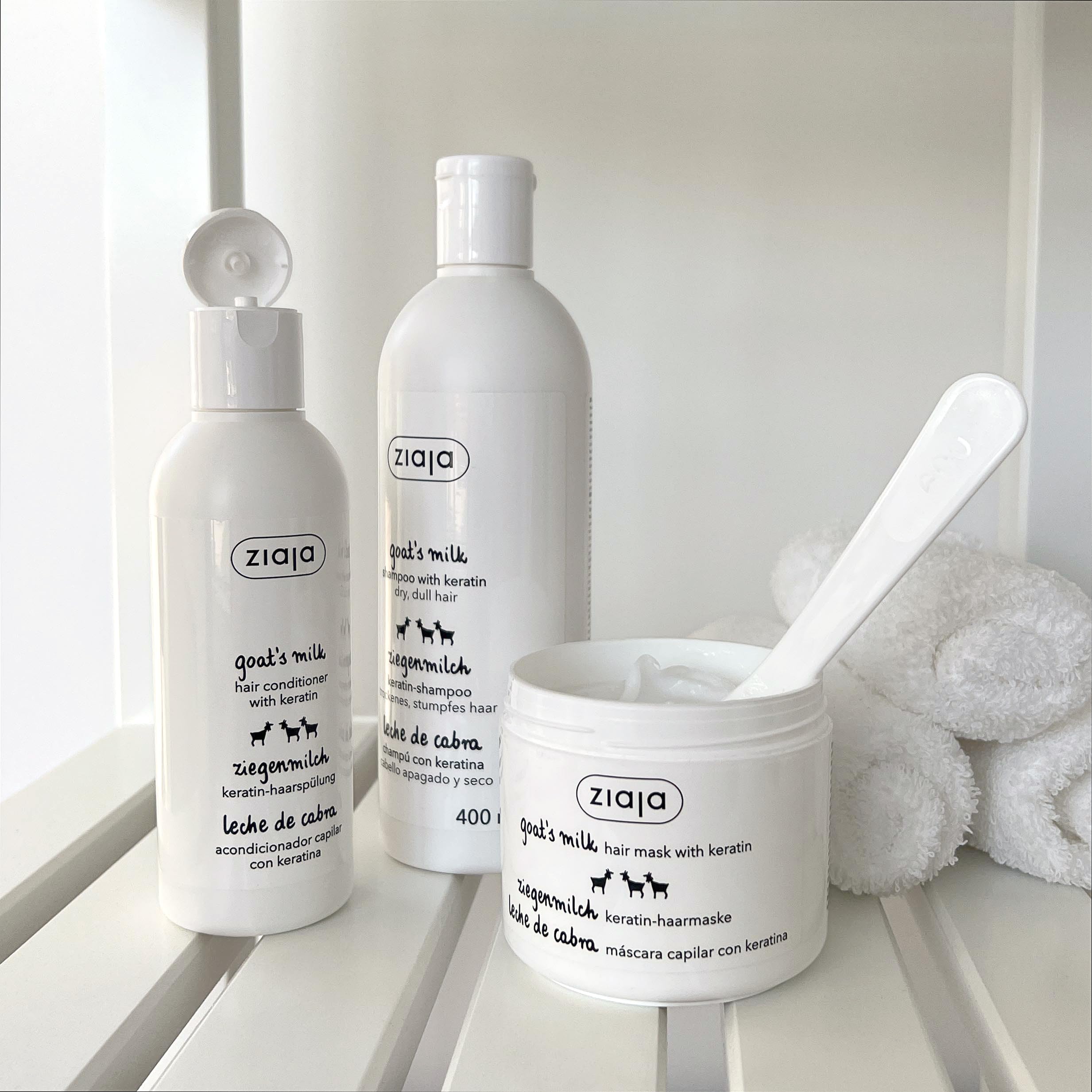 Ziaja label closeup highlighting keratin and goat's milk ingredients for repair
