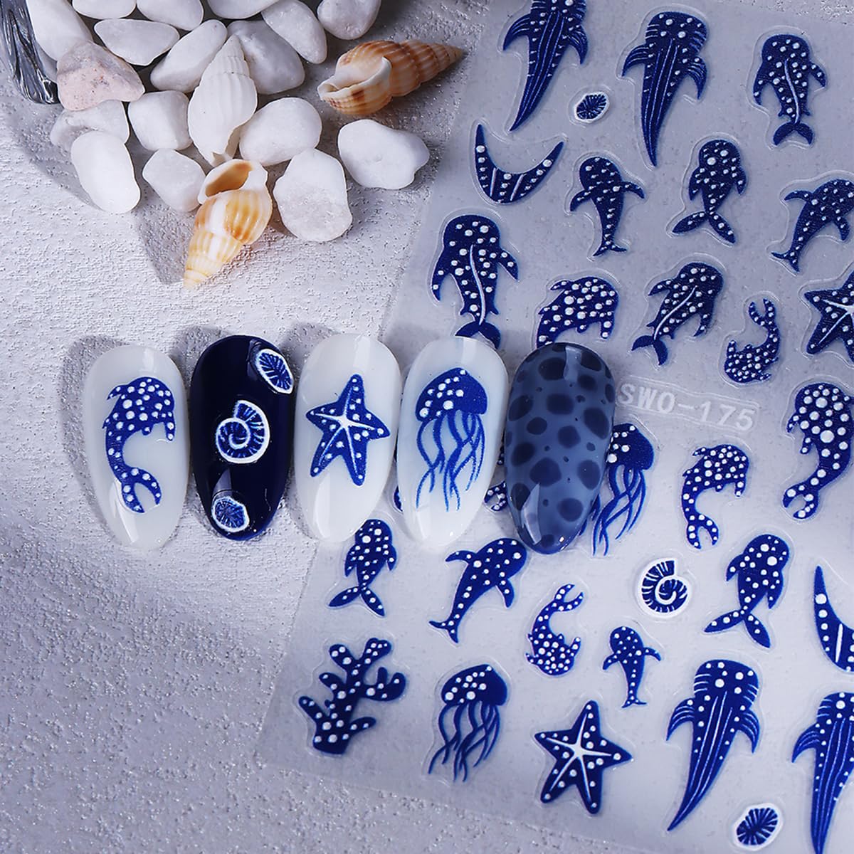 ZIFANHU stickers applied on painted nails showing instant ocean-themed style