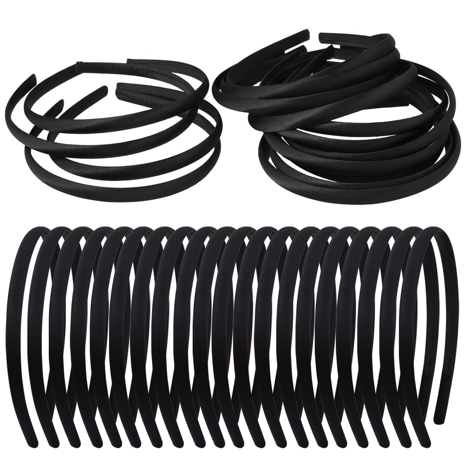 Zifengcer front view pack showing 20 black satin headbands, convenient bulk gift