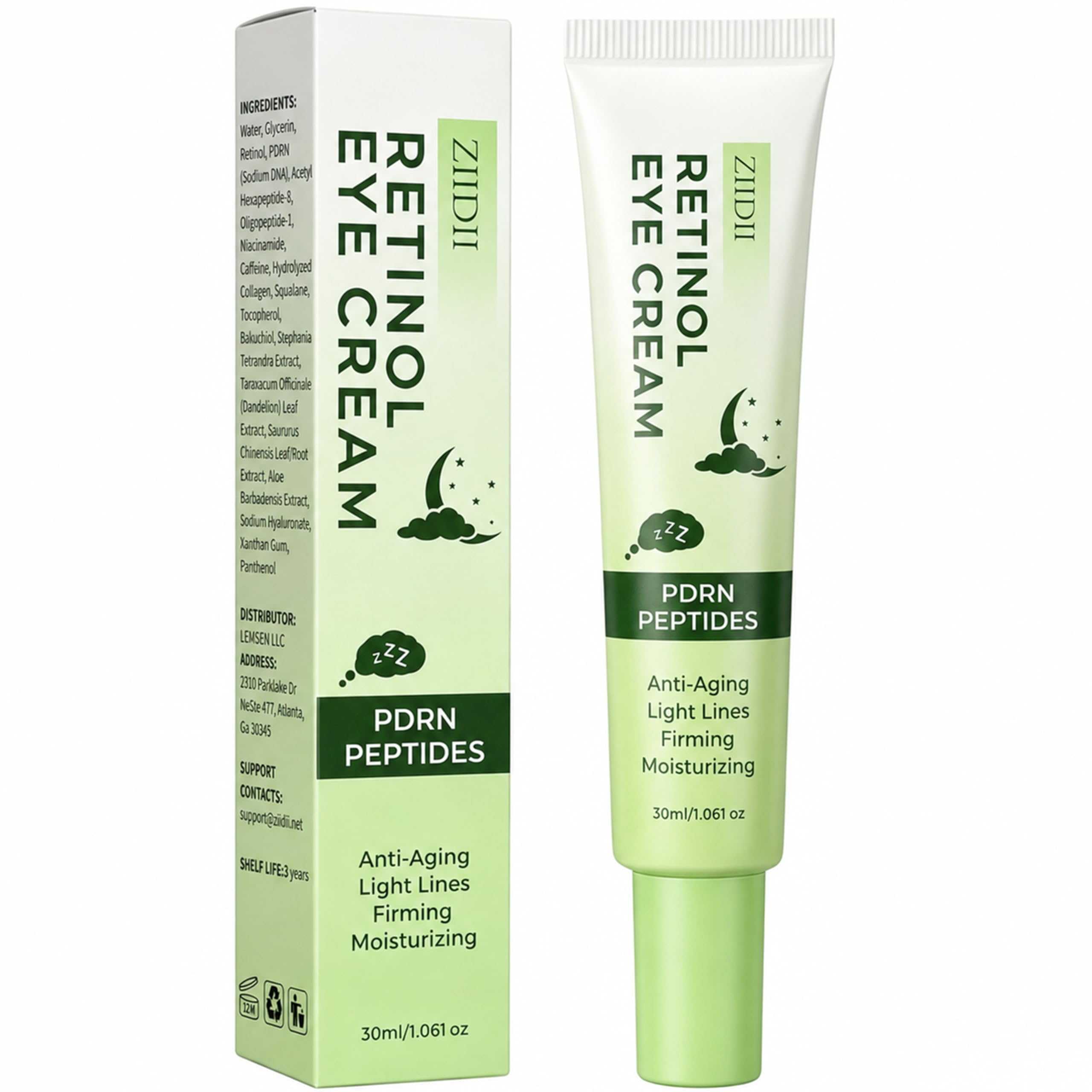 ZIIDII front packaging of retinol eye cream showing product benefits