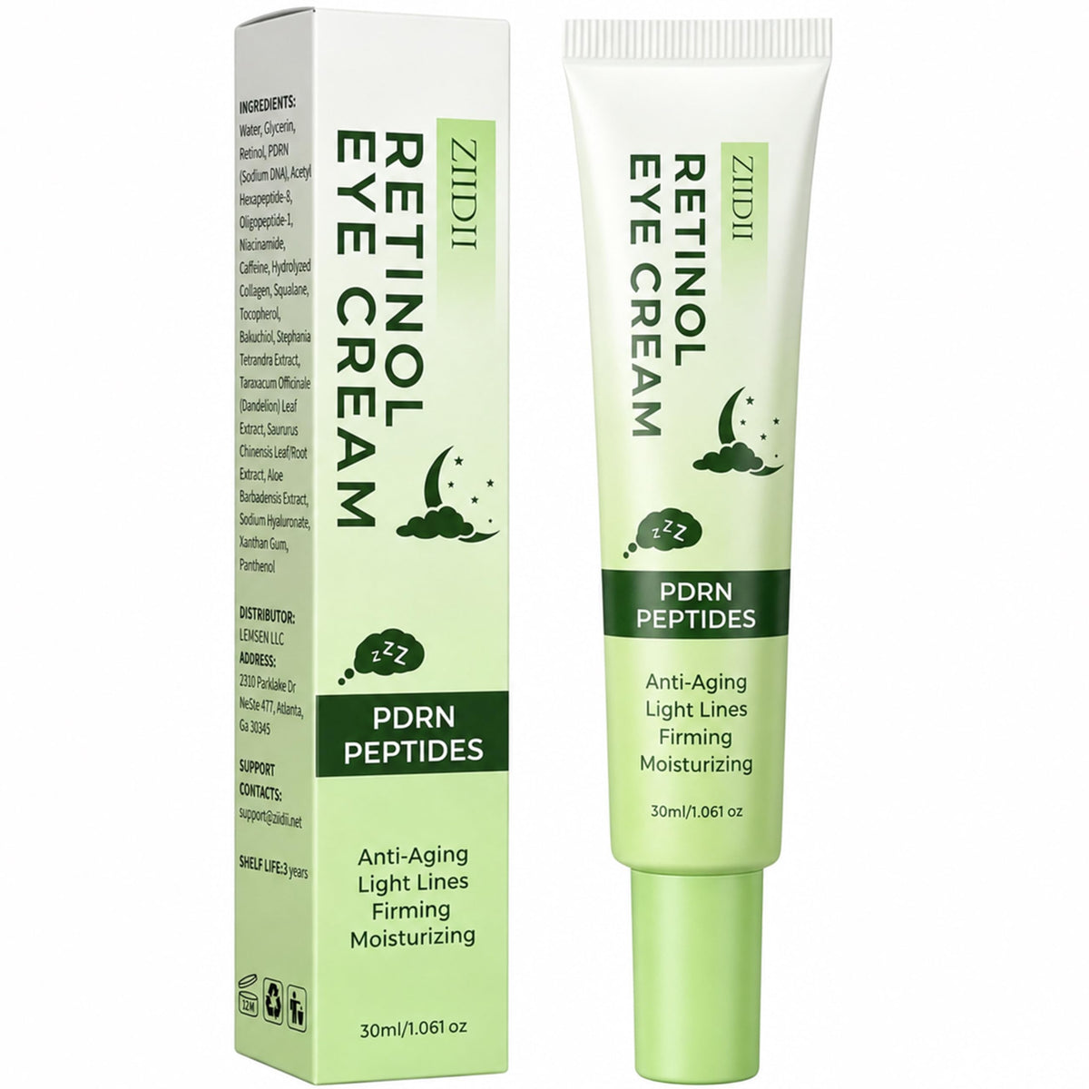 ZIIDII front packaging of retinol eye cream showing product benefits