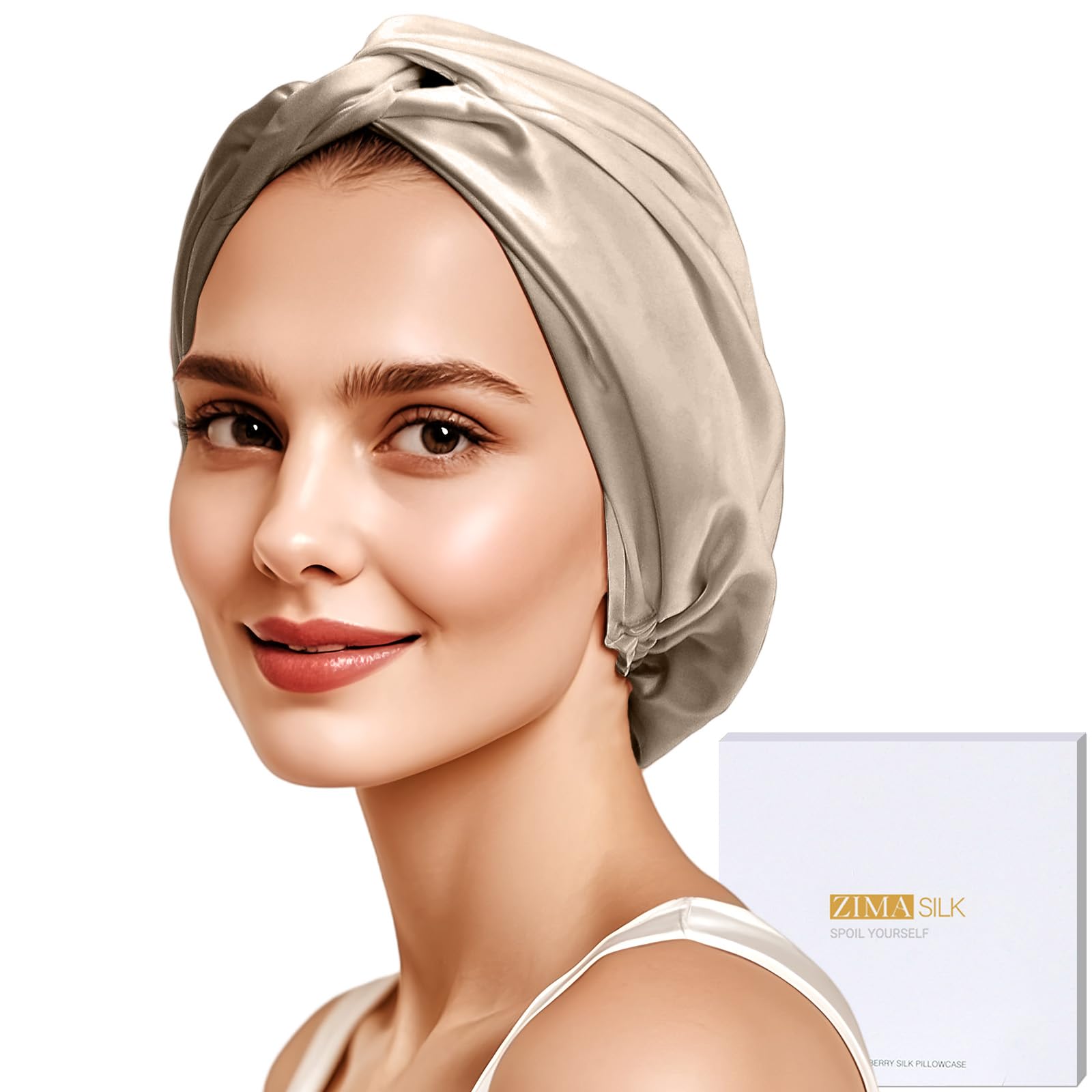 ZIMASILK bonnet front view showing taupe finish and secure fit benefit