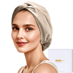 ZIMASILK bonnet front view showing taupe finish and secure fit benefit