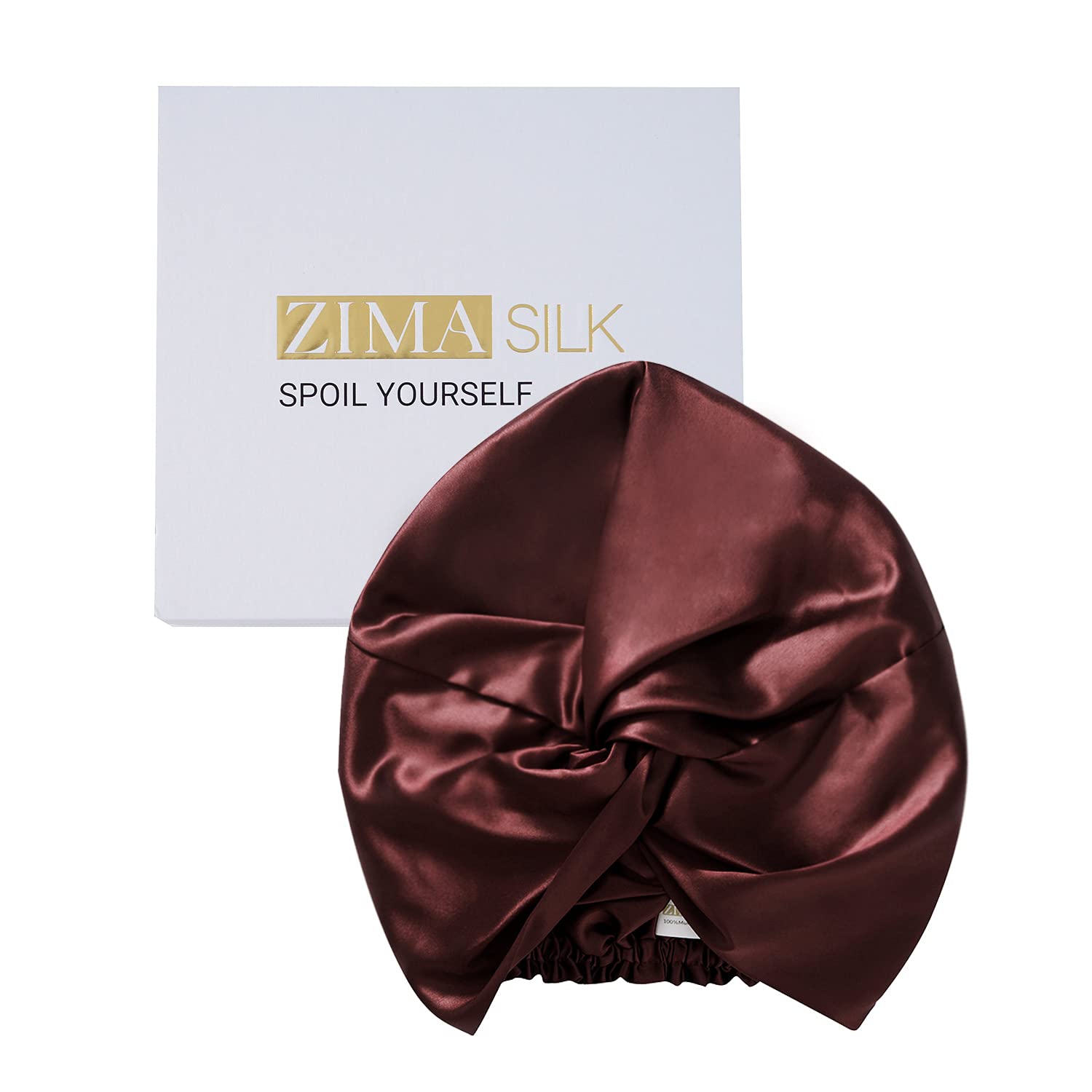 ZIMASILK bonnet front view shows burgundy silk and comfortable fit benefit