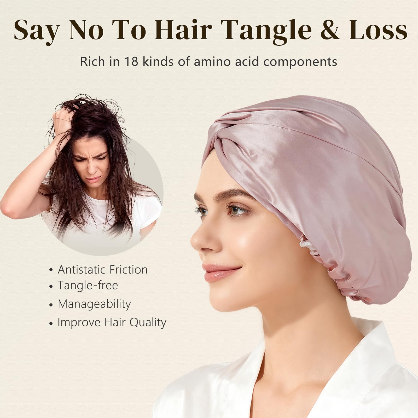 ZIMASILK bonnet on model while sleeping illustrating reduced friction and frizz control
