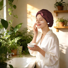 ZIMASILK bonnet on model sleeping displays preserved hairstyle benefit