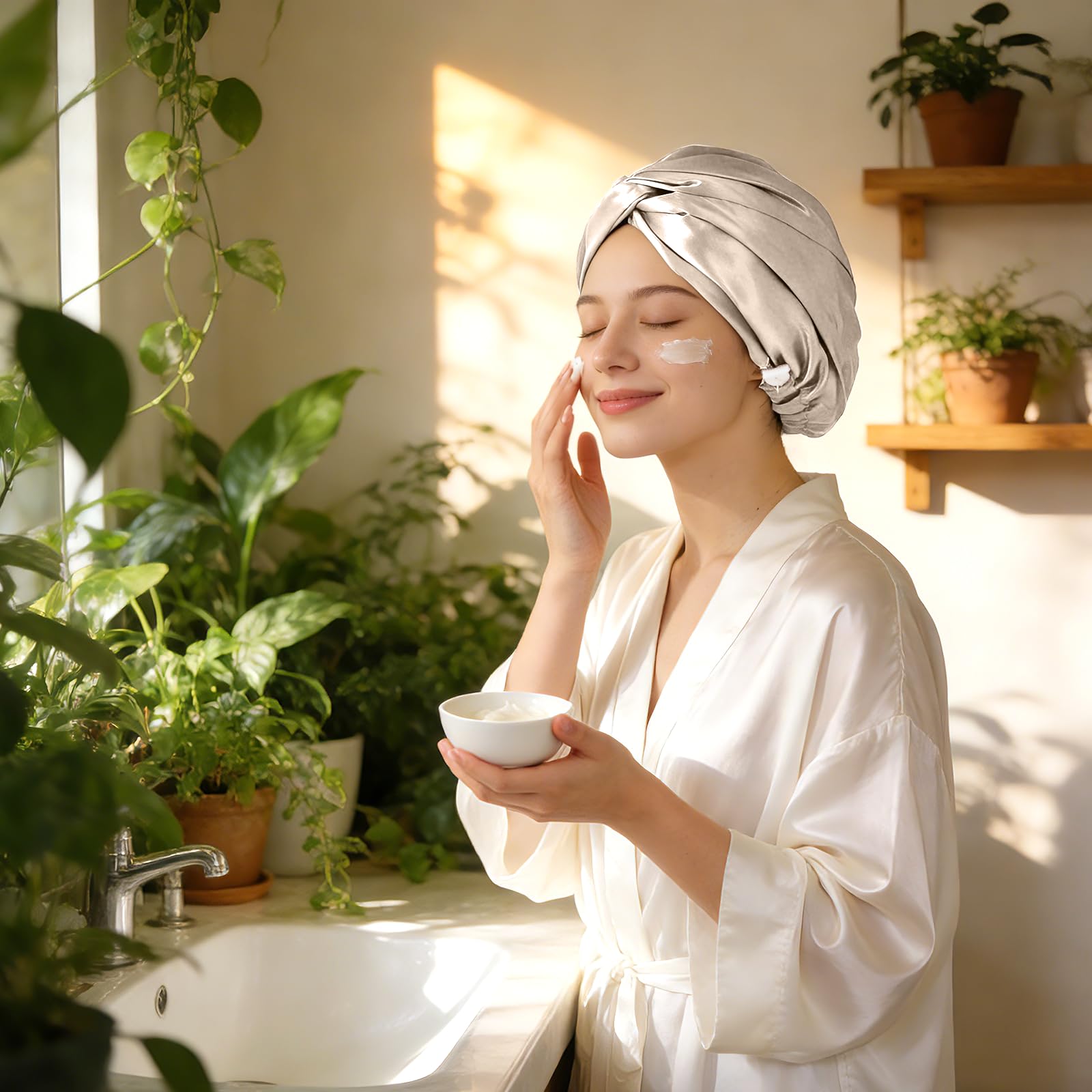 ZIMASILK bonnet worn by model sleeping, demonstrating hair protection benefit