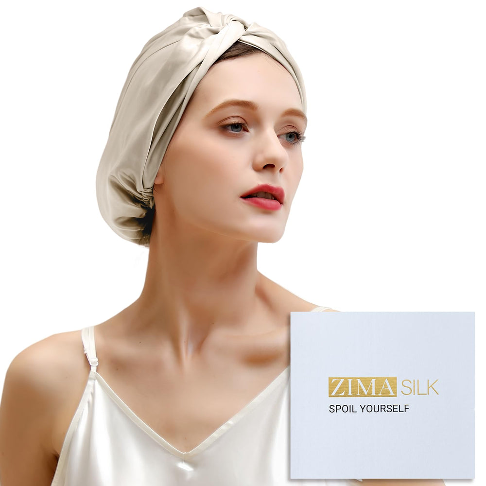 ZIMASILK cream bonnet front view shows smooth silk and protective shape