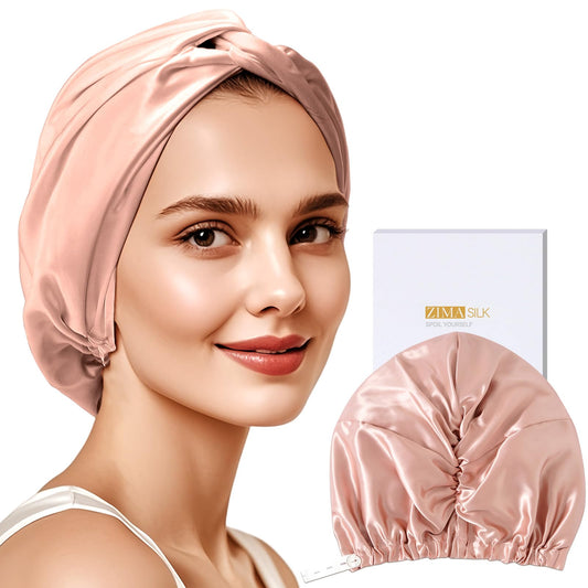 ZIMASILK front view blush pink bonnet showing elegant fit and coverage