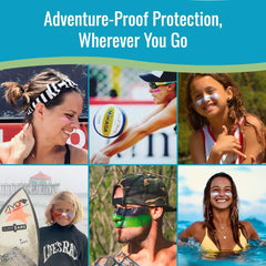 Zinka teal on a surfer’s face illustrating performance during water sports