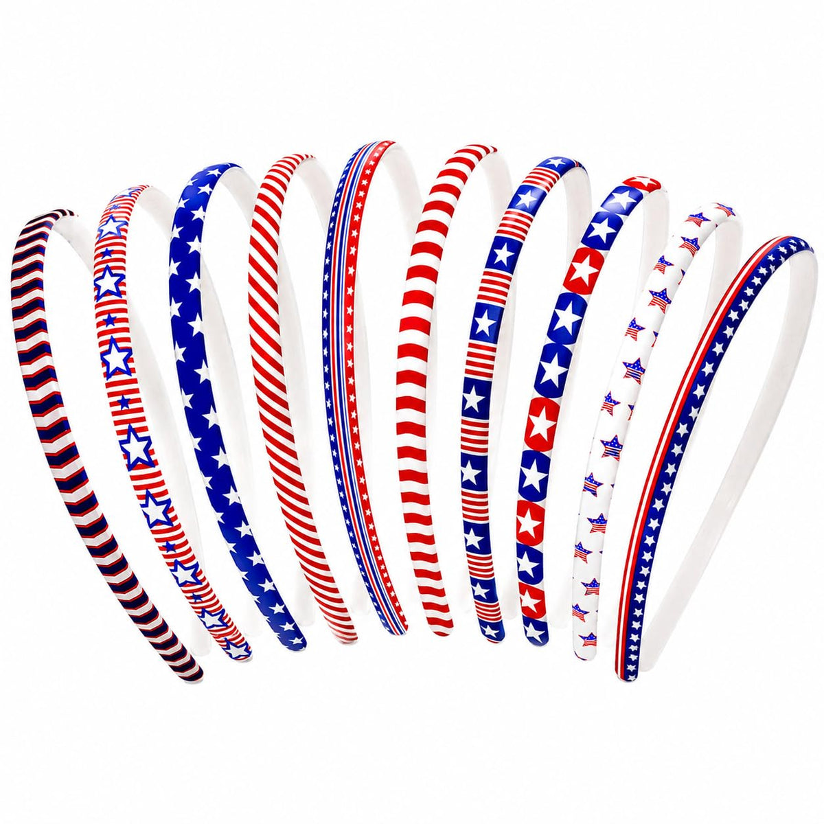 ZIRICHER front view of ten patriotic headbands showing color variety and designs for easy selection
