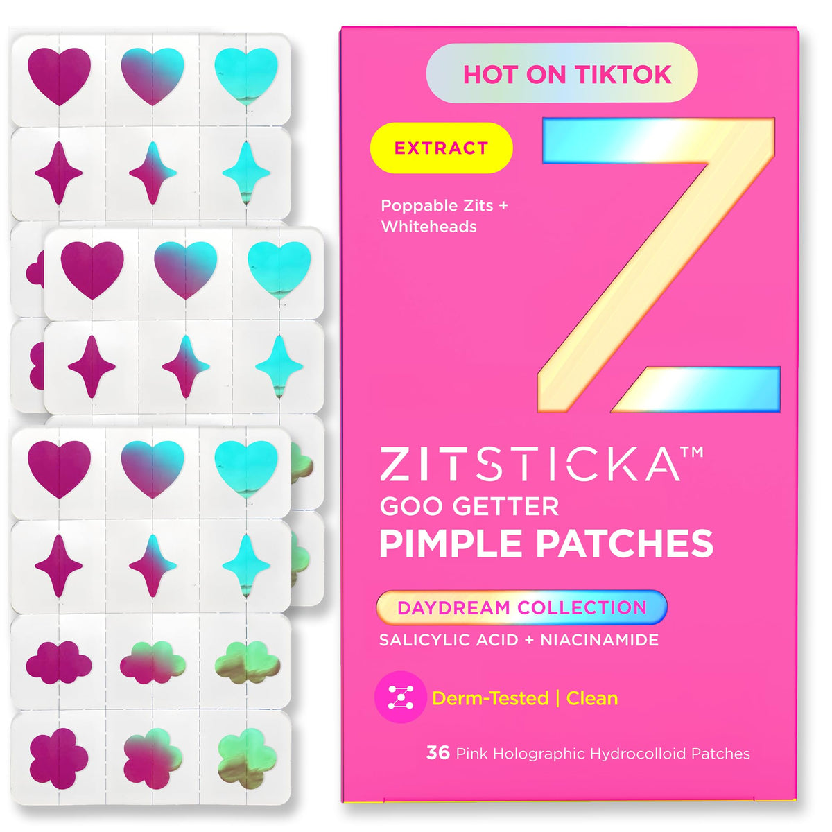 ZitSticka front packaging showing holographic patch box and benefits