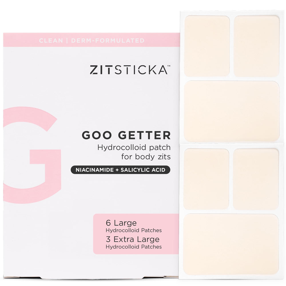 ZitSticka front pack showing nine Goo Getter patches and benefits