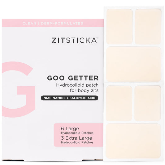 ZitSticka front pack showing nine Goo Getter patches and benefits