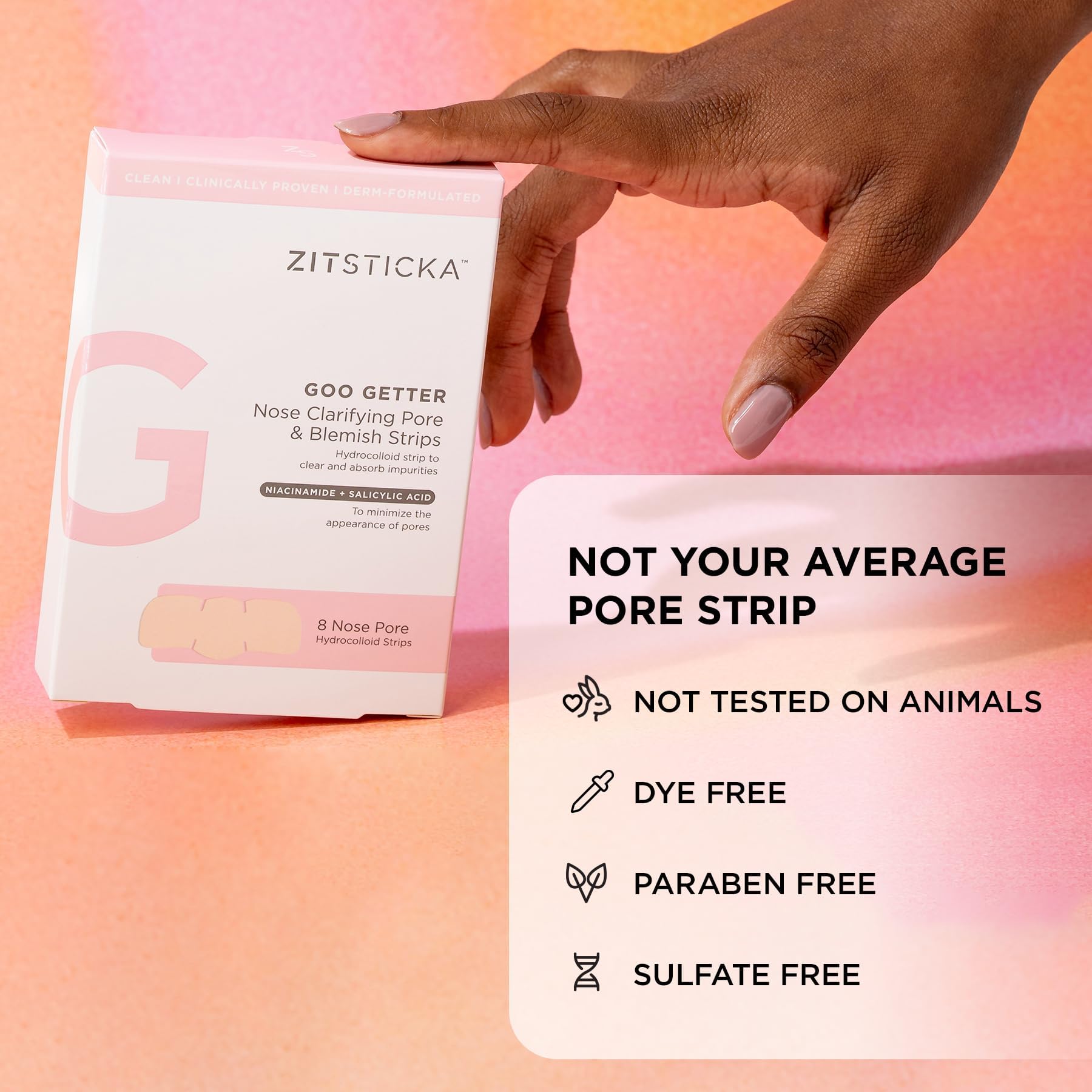 ZitSticka strip next to hand for scale showing compact, travel-friendly size