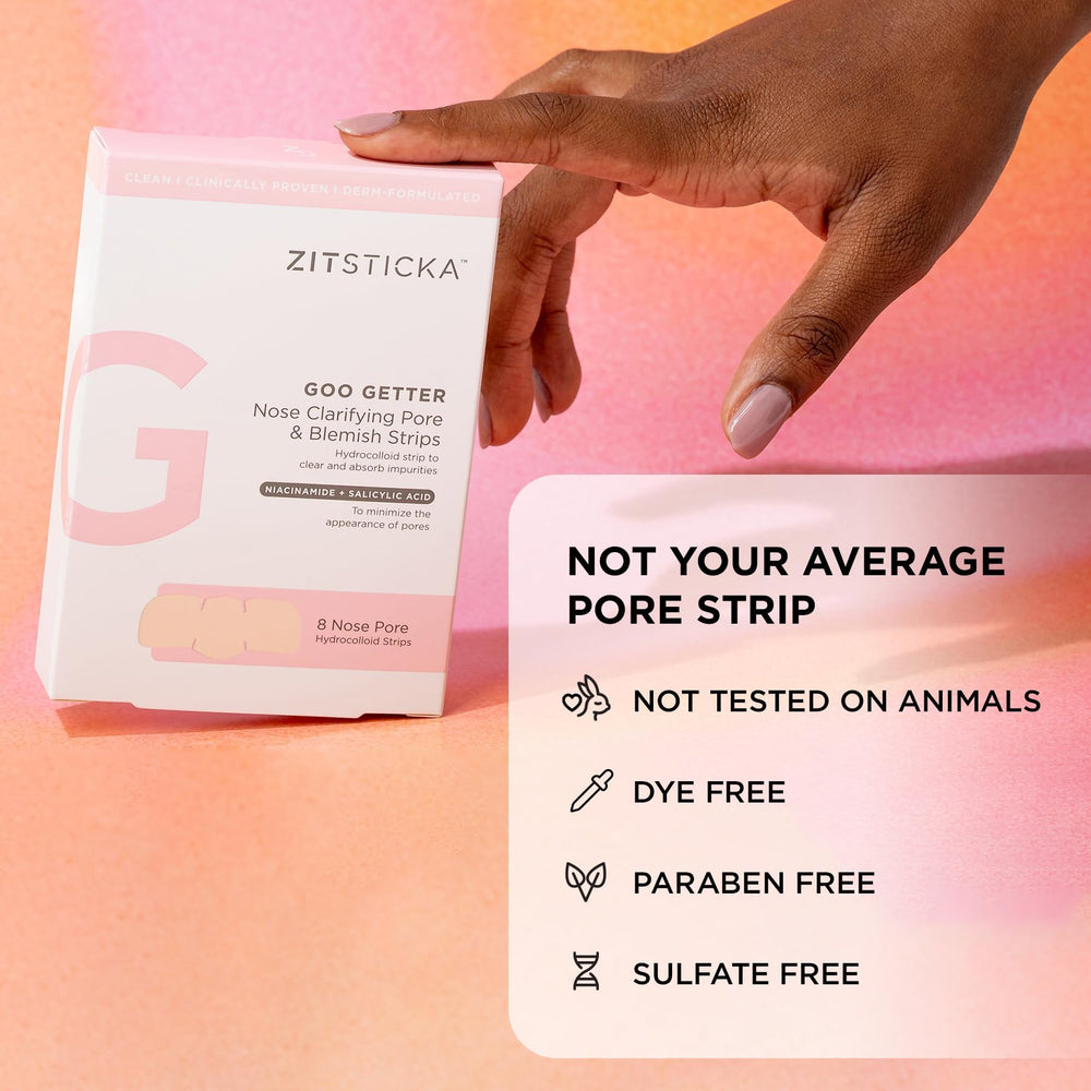 ZitSticka strip next to hand for scale showing compact, travel-friendly size