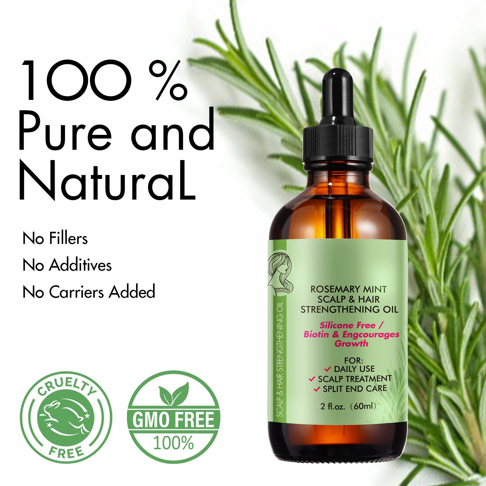 ZIXBMHYJ label close-up highlighting 100% pure rosemary oil clarity benefit