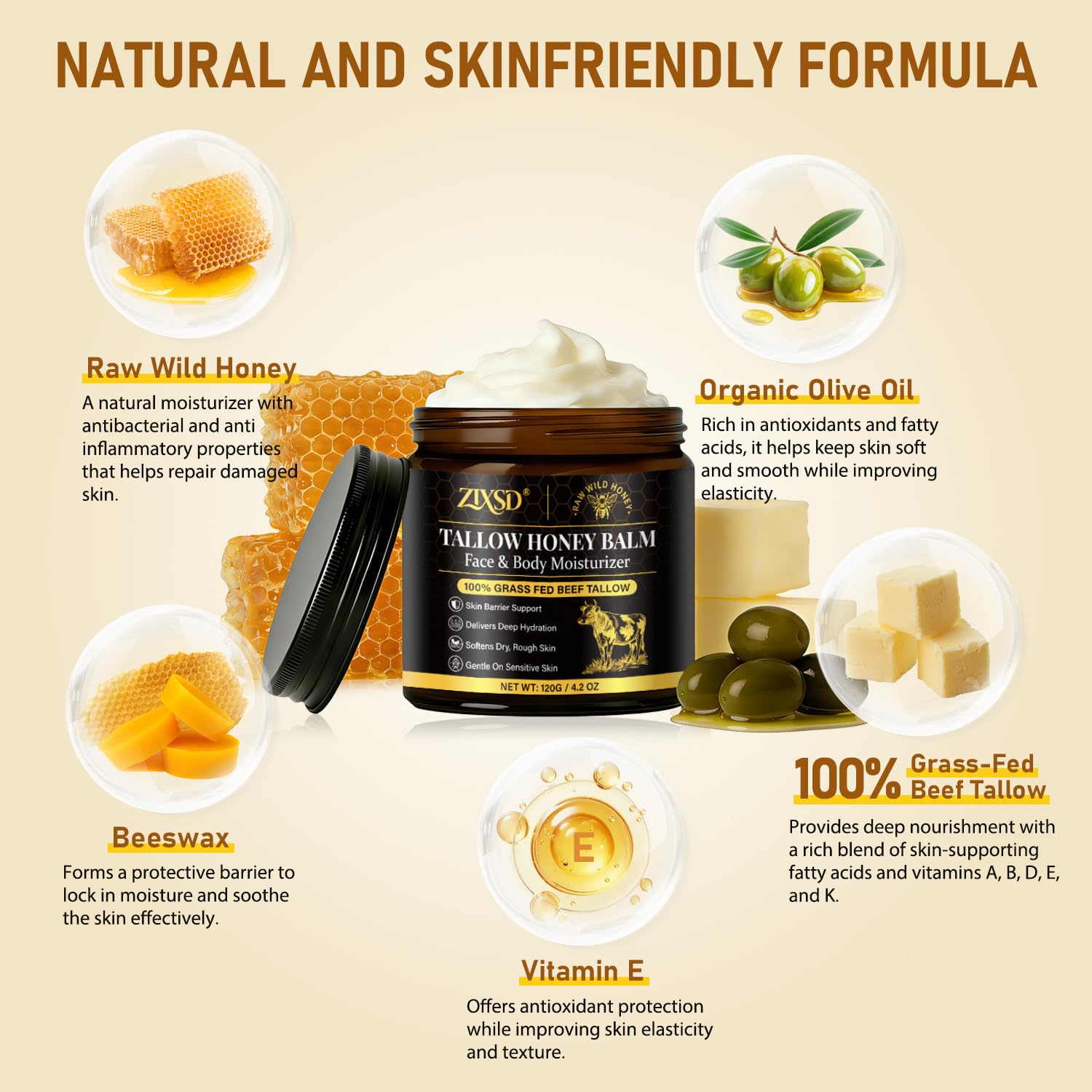 ZIXSD trio of grass-fed tallow raw honey beeswax ingredients, natural nourishment benefit