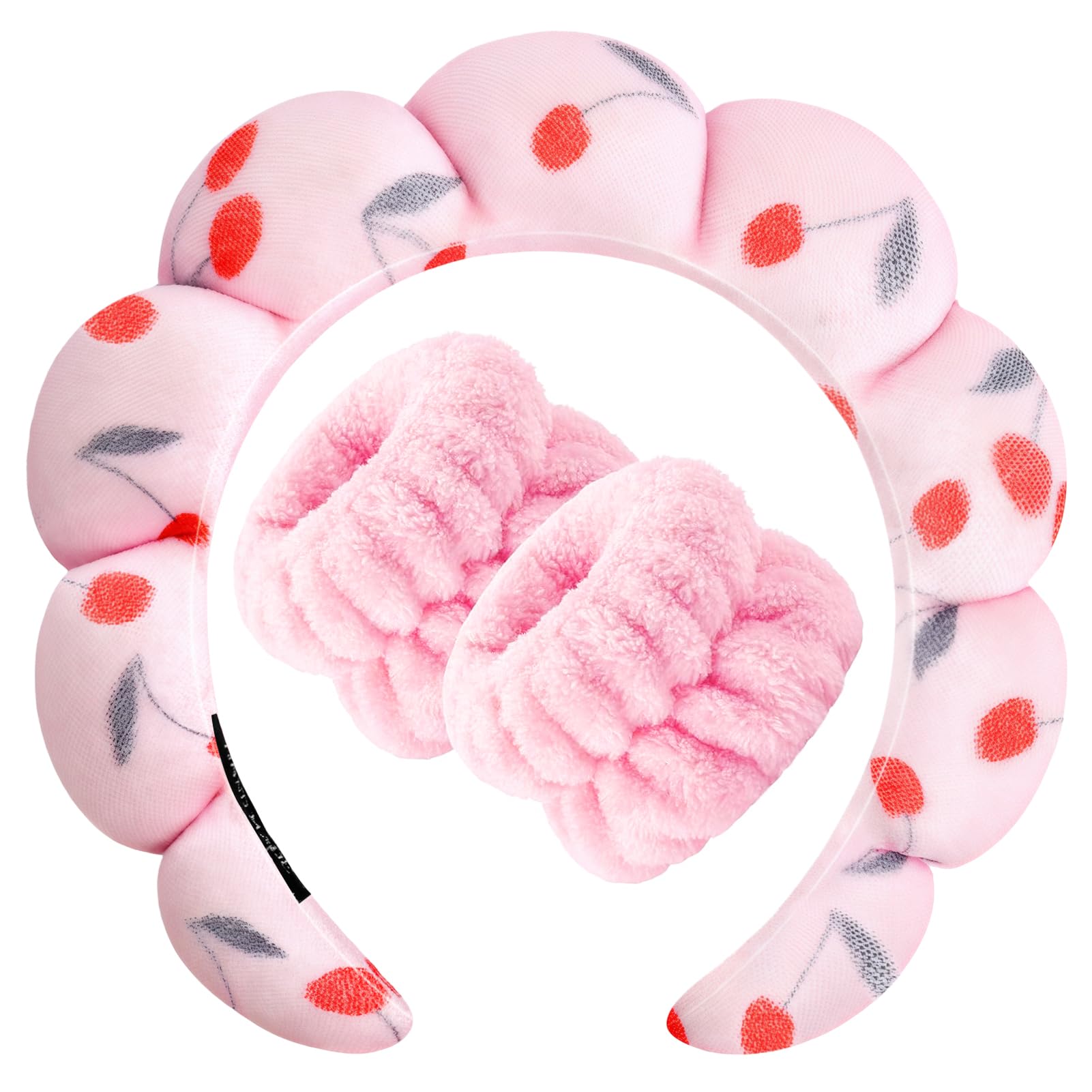 Zkptops front view of cherries headband and wristband set, shows compact gift-ready packaging