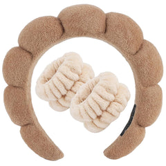 Zkptops front view of brown headband and wristband set showing neat fit and convenience