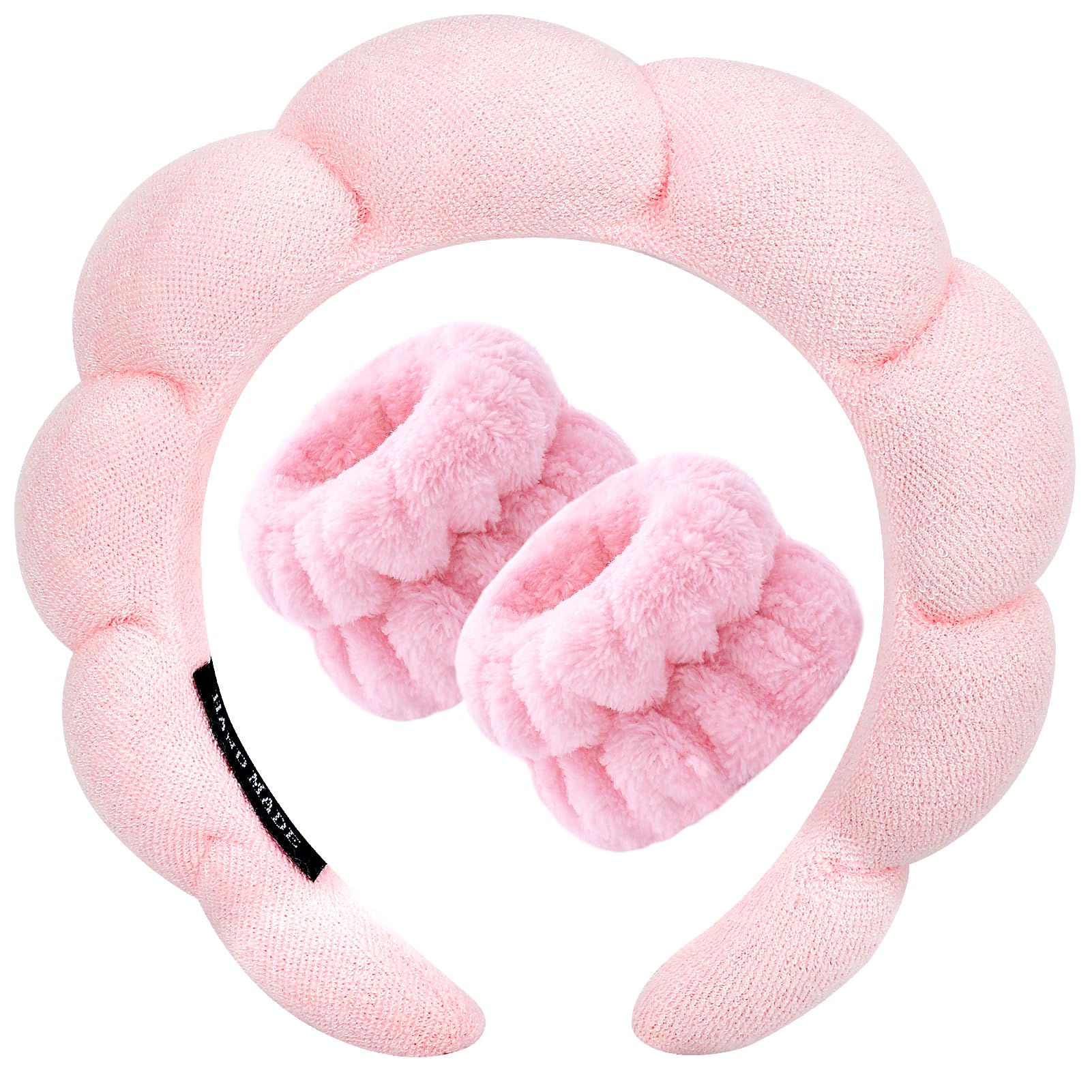 Zkptops front view pink headband and wristband set keeps hair back during skincare