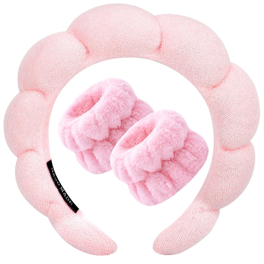 Zkptops front view pink headband and wristband set keeps hair back during skincare