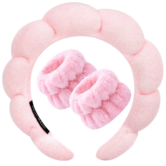 Zkptops front view pink headband and wristband set keeps hair back during skincare