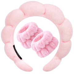 Zkptops front view pink headband and wristband set keeps hair back during skincare