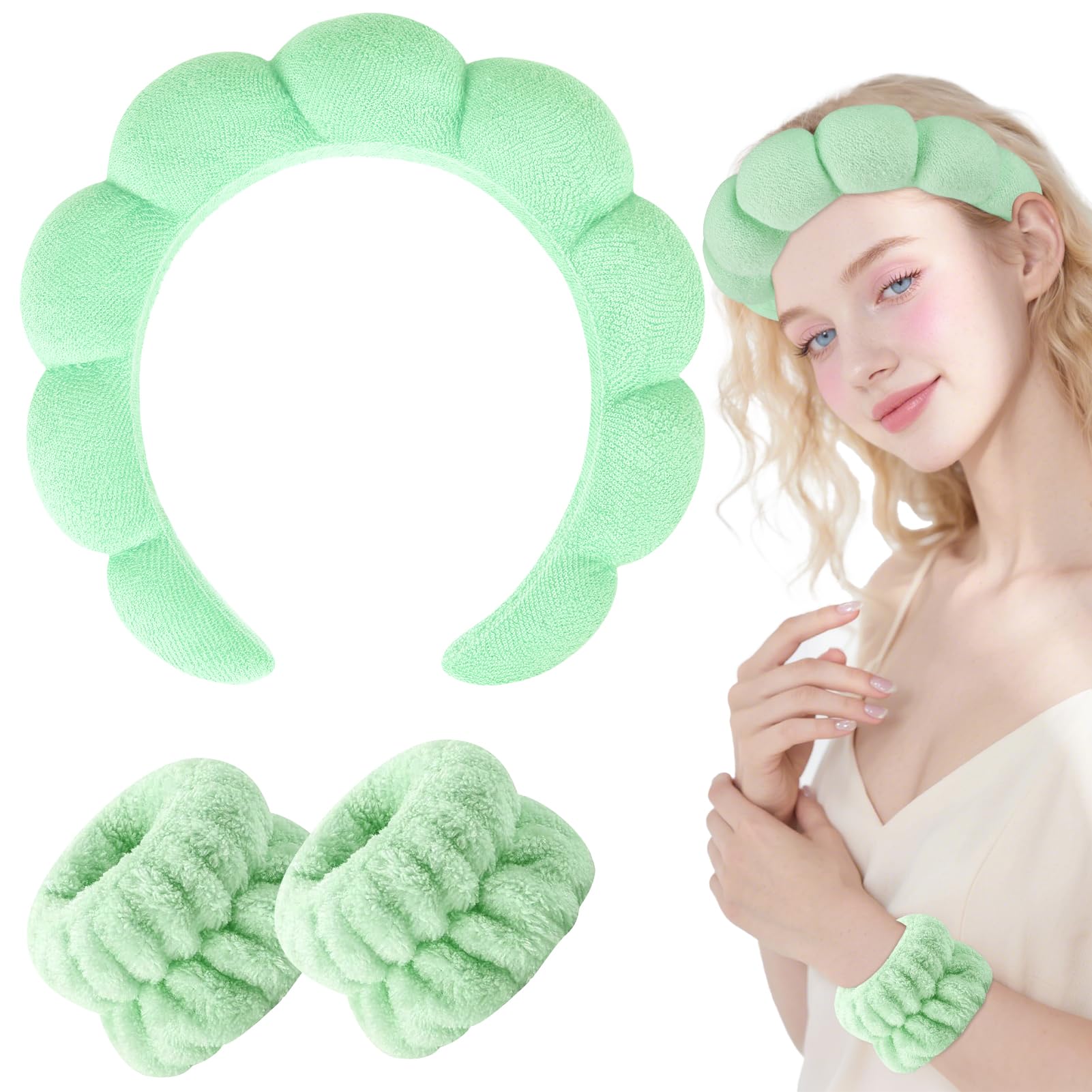 Zkptops headband in skincare routine at sink demonstrating splash protection benefit