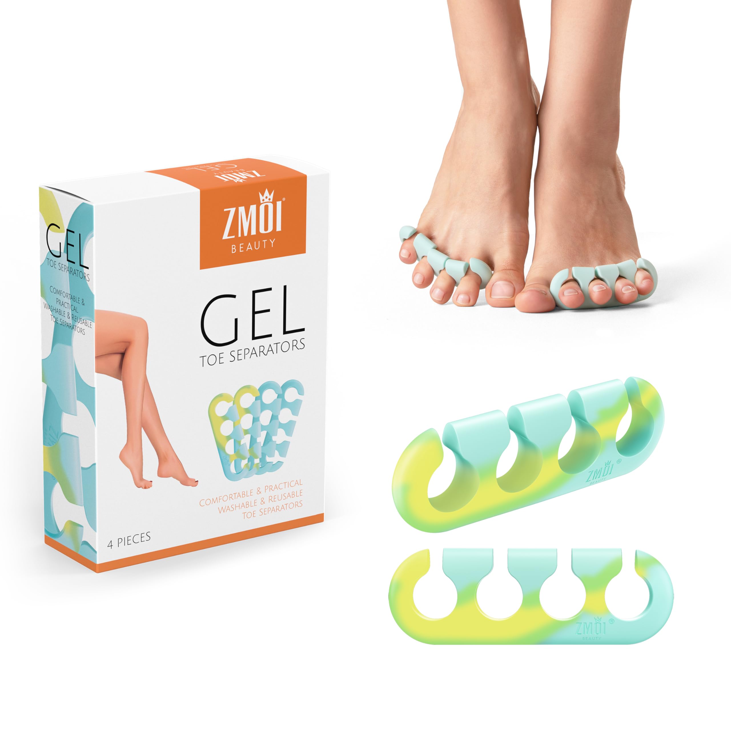 ZMOI front view of four teal and yellow ombre toe separators showing neat packaging and appeal