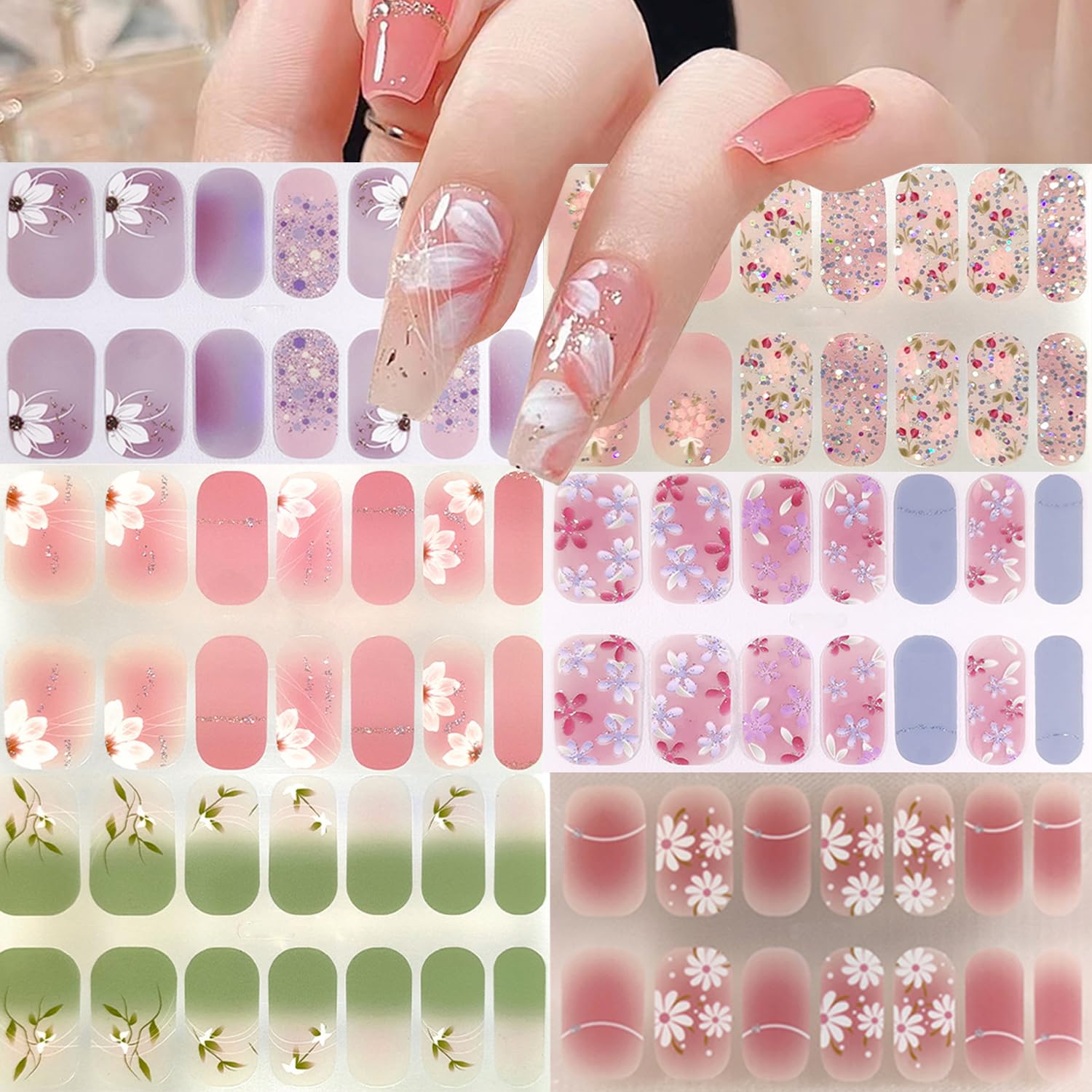 ZOAZJINAZ front packaging displaying floral gel nail strips and benefits