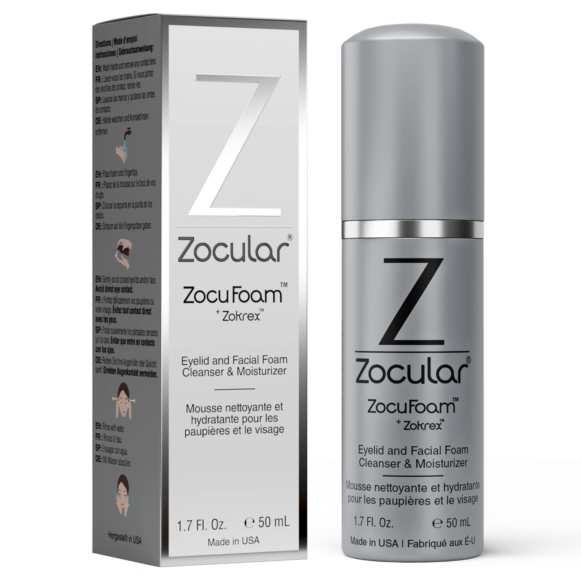 Zocular front packaging showing 50 mL foam bottle and brand for clear identification and benefit