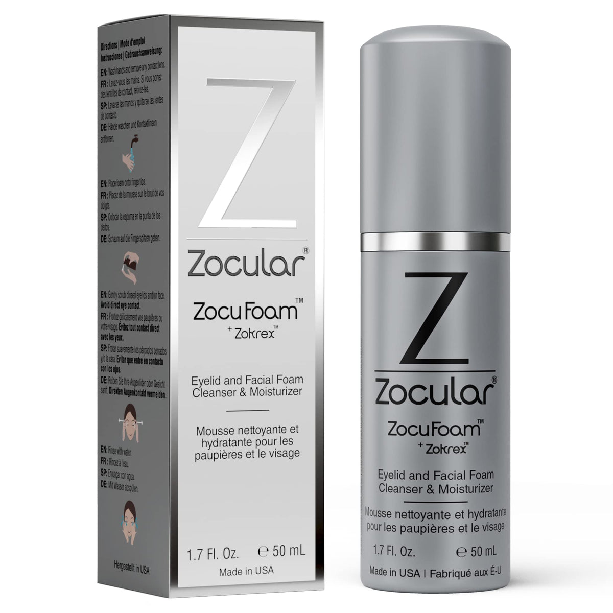 Zocular front packaging showing 50 mL foam bottle and brand for clear identification and benefit