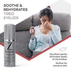 Zocular bottle beside common bathroom items showing 50 mL scale and travel-friendly benefit