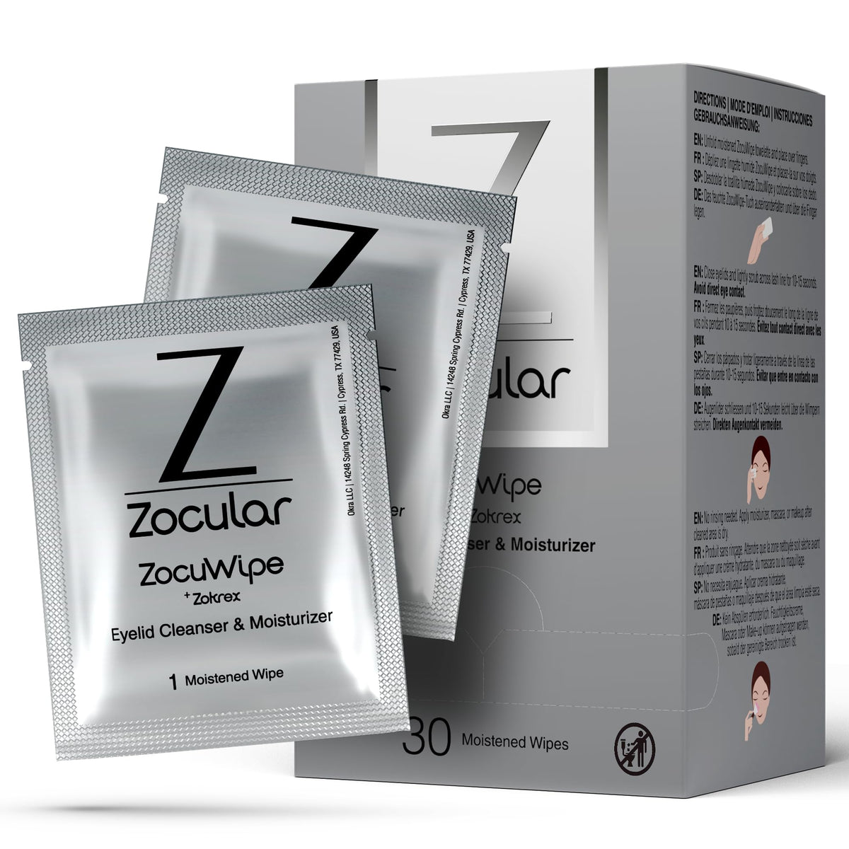 Zocular Zocuwipe front pouch showing branding and count, clear travel-ready packaging benefit