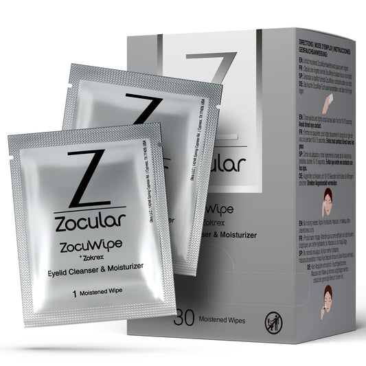Zocular Zocuwipe front pouch showing branding and count, clear travel-ready packaging benefit