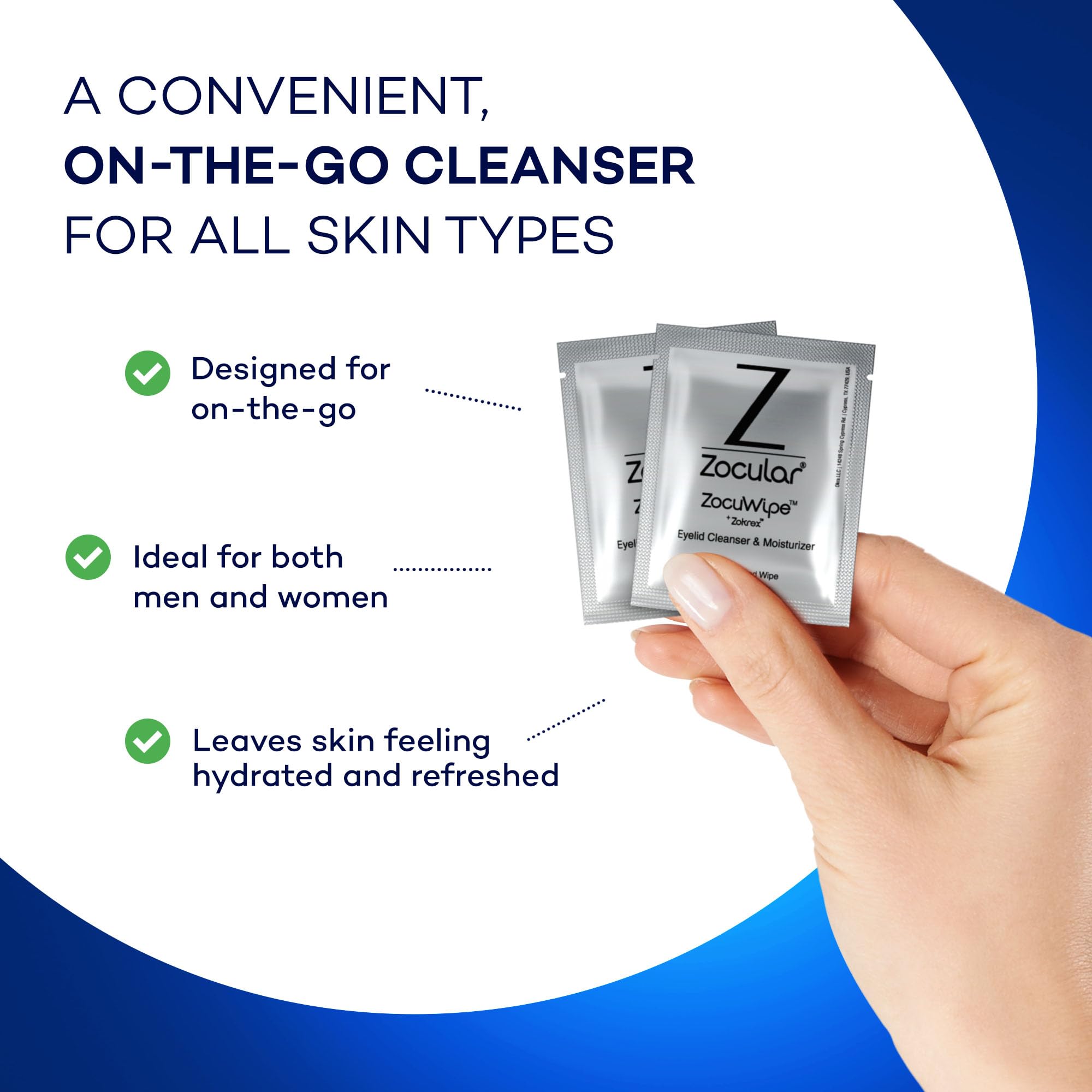 Zocular Zocuwipe next to eyeglasses showing scale and portability benefit