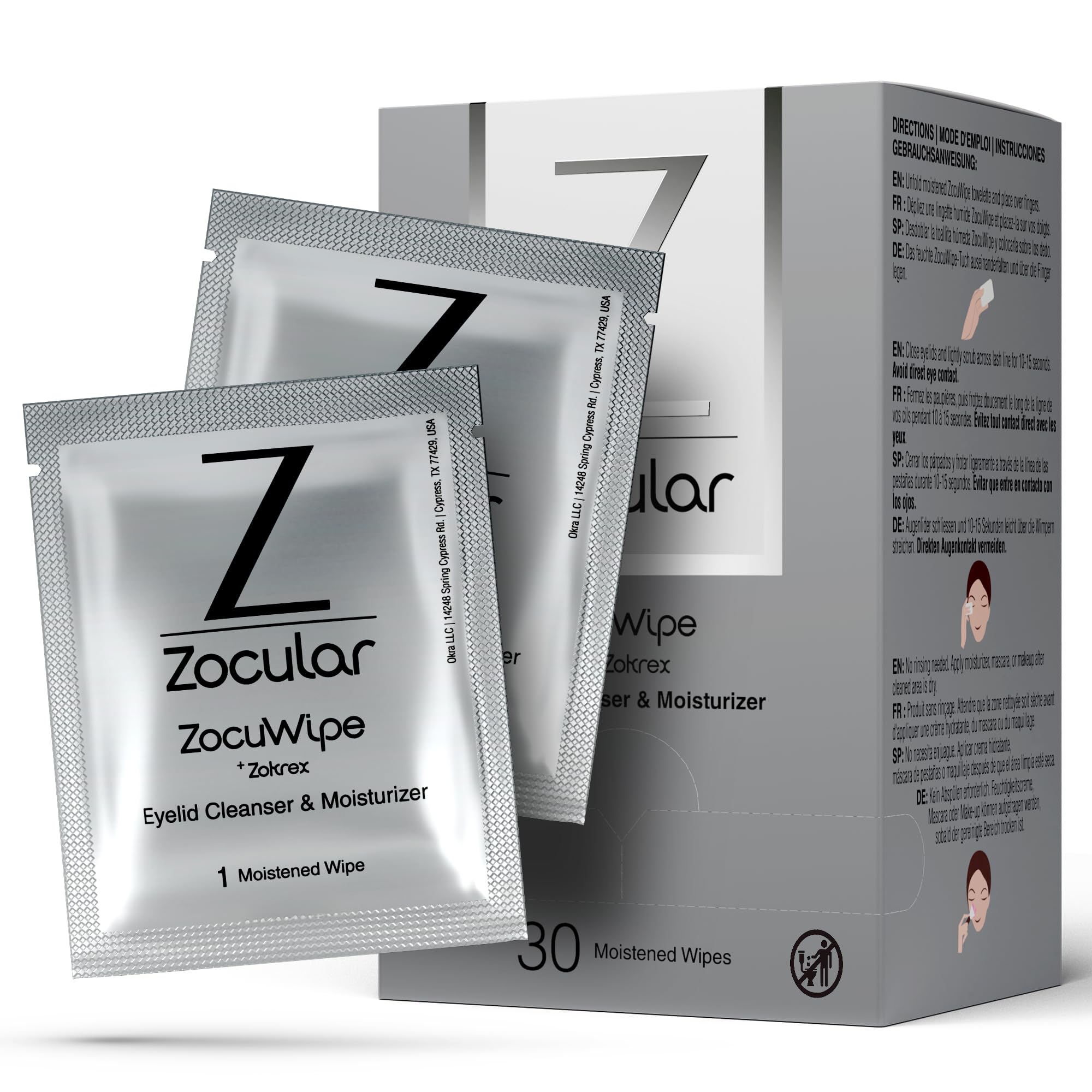 Zocular Zocuwipe inside a travel pouch with toiletries demonstrating on-the-go hygiene benefit