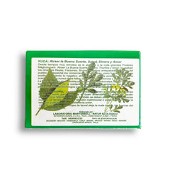 Zoeartcrafts rue soap label close-up showing ingredient list and craft quality