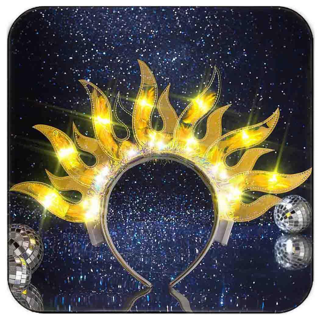 Zoestar sun headband front view showing bright yellow LED crown and stylish shape for standout looks