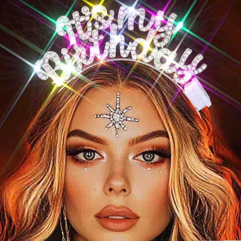 Zoestar front view silver headband showing festive rhinestones and LED glow