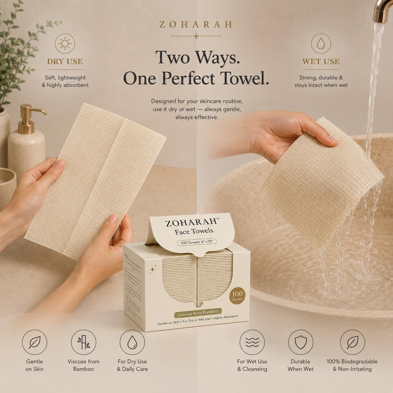 ZOHARAH towel held in hand illustrating scale and easy handling