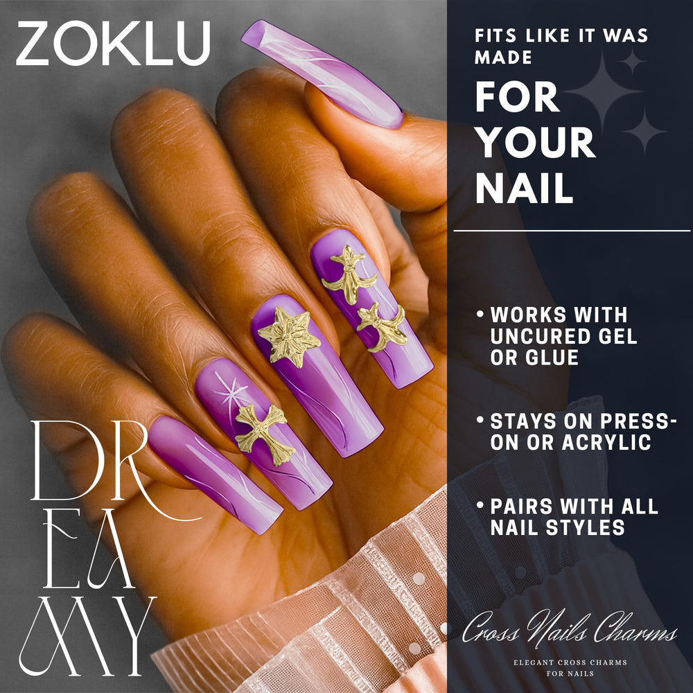 ZOKLU cross charm applied on press-on nail, demonstrates easy salon use