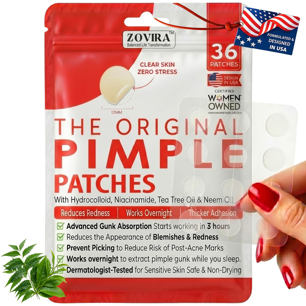 ZOVIRA front packaging showing 36 pimple patches for overnight treatment and protection